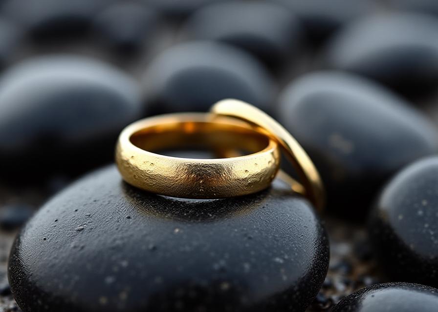 Matching hammered gold wedding bands against a pebble background