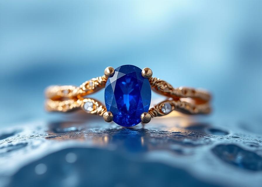 Bespoke sapphire engagement ring with wave-inspired gold band