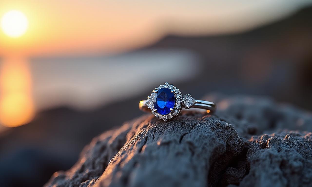 Bespoke sapphire ring resting on weather-worn coastal driftwood at the Manx seaside