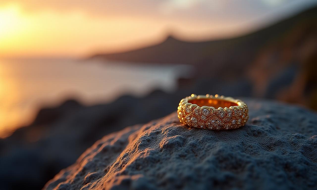 Golden sunset reflecting off Isle of Man coastal waves with fine jewelry details