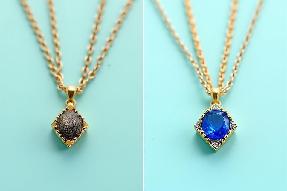 Split view of a tarnished antique necklace before and after professional restoration