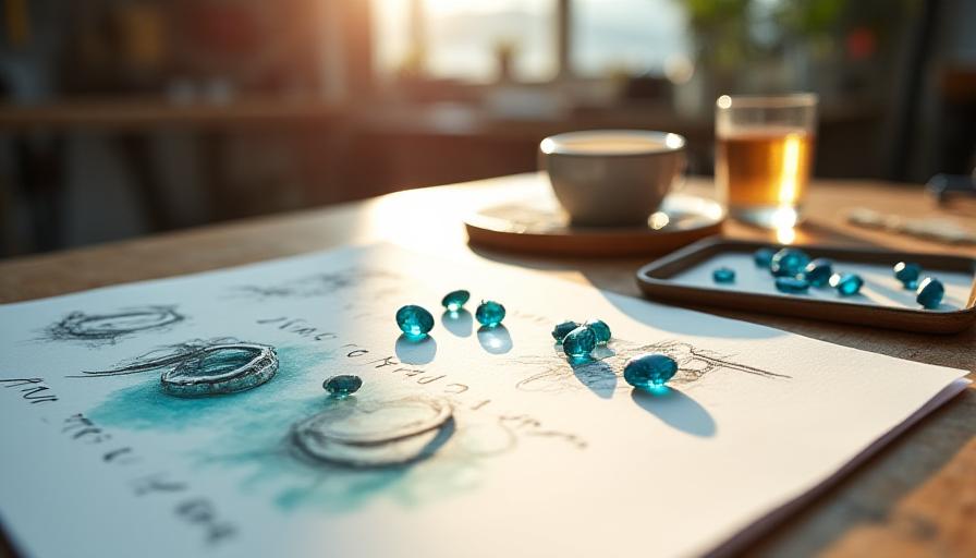 Luxury jewelry consultation workspace with sketches and gemstones